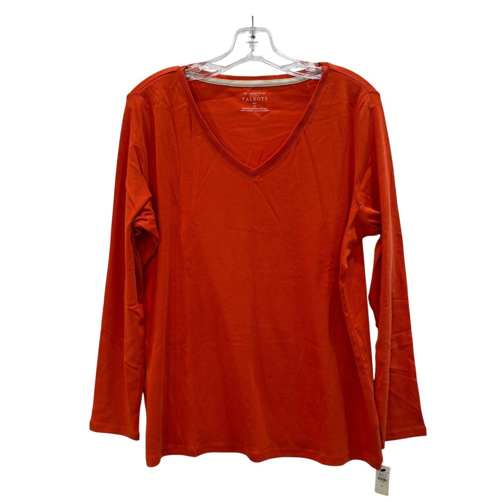 Talbots Womens Plus 1X Orange Pima Cotton V-Neck Long Sleeve Tee Shirt NWT